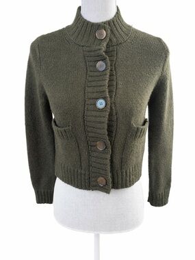 Mango Olive Green Cropped  Ribbed Mock-Neck Button Cardigan XXS
